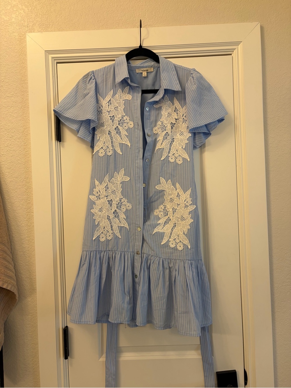 Blue Stripe Dress with White Lace Appliqué